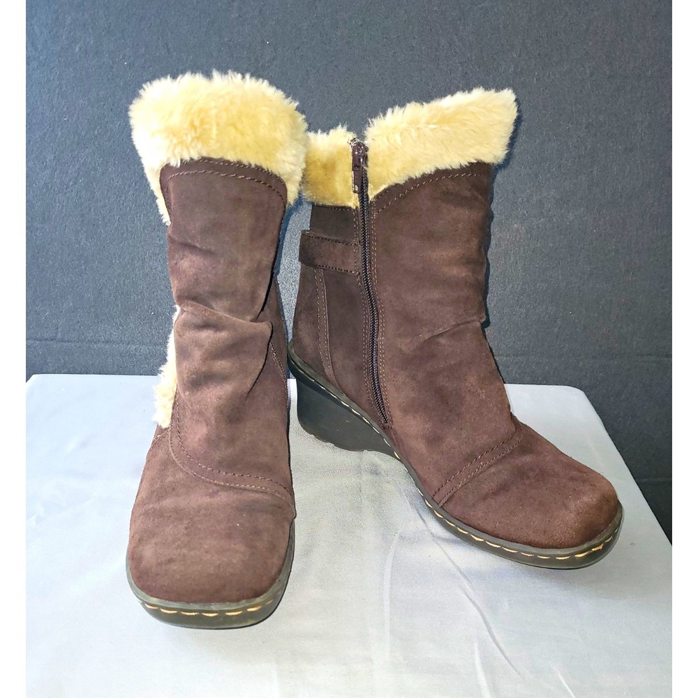 BareTraps Charlotte Brown Leather Faux Fur Trim Lined Mid-Calf Boot Zip US 9.5 M